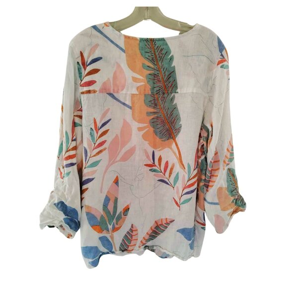 Flowy Lightweight Linen White Tropical Print Tunic Top Blouse | Cynthia Rowley - Picture 4 of 11